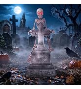 Halloween Animated Cross Tombstone Decoration, Shaking Graveyard Tombstone with Spooky Sound, Out...