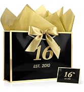 JMANNI 16th Birthday Gift Bag with Card and Tissue Paper for Men Women Him, 13" Elegant Black Gol...
