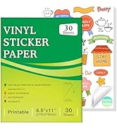 Premium Printable Vinyl Sticker Paper, Glossy White, 30 Sheets, 8.5x11 Inch, Waterproof, for Inkj...