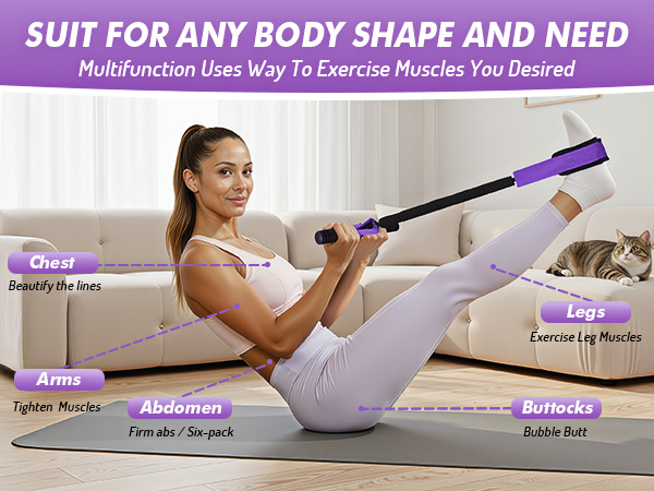 Woman doing home workout with pedal resistance band, targeting chest, arms, abdomen, buttocks, legs