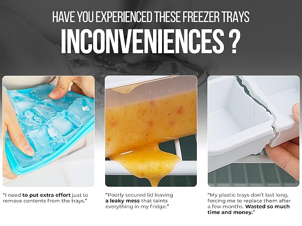 Common plastic freezer tray problems - stuck ice cubes, leaking baby food, cracked plastic tray