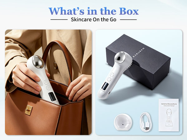 Split image: woman placing a beauty wand into a bag, plus the product with its box and accessories.
