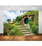 BELECO 7x5ft Fabric Hobbiton Cave Backdrop Rural House Living Cabin Green Garden Cave Background ...
