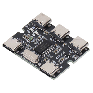 Series of electronic circuit board components showing USB-C connector with black PCB board. Multiple views of same component from different angles.