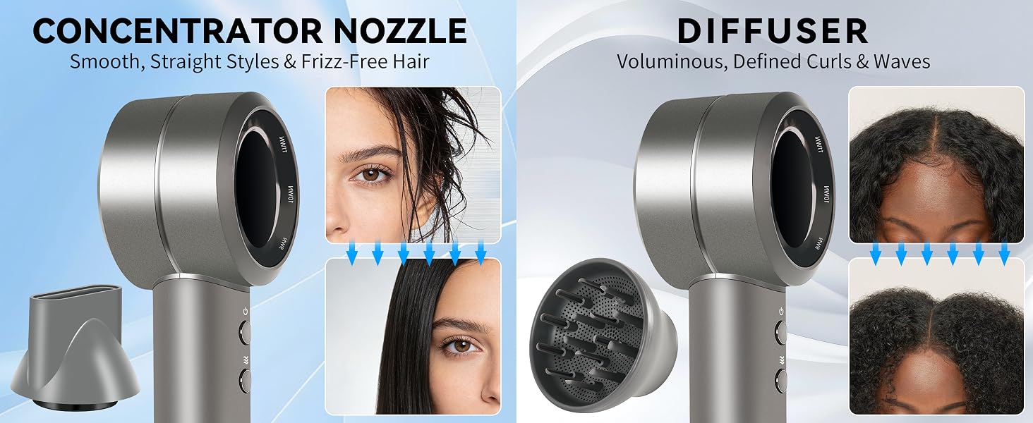 Hair dryer attachments: concentrator (smooth straight hair) & diffuser (voluminous curls)