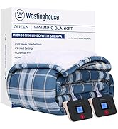 Westinghouse Electric Blanket Heated Blanket, Plaid Sherpa Heating Blanket, 10 Heat Settings & 1-...