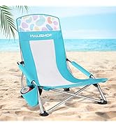 HAUSHOF High Back Beach Chair, Mesh Back Folding Chair, Lightweight Low Seat Camping Chairs with ...