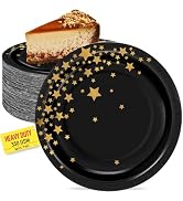 Imbsinvncy Black and Gold Paper Dessert Plates, 7 Inch Gold Star Cake Plates Disposable, Beautifu...