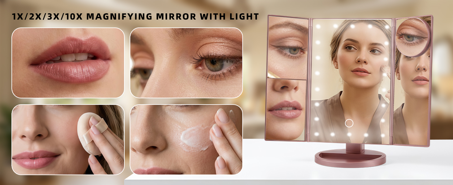Close-up vanity mirror with 1X, 2X, 3X and 10X magnification for detailed makeup.