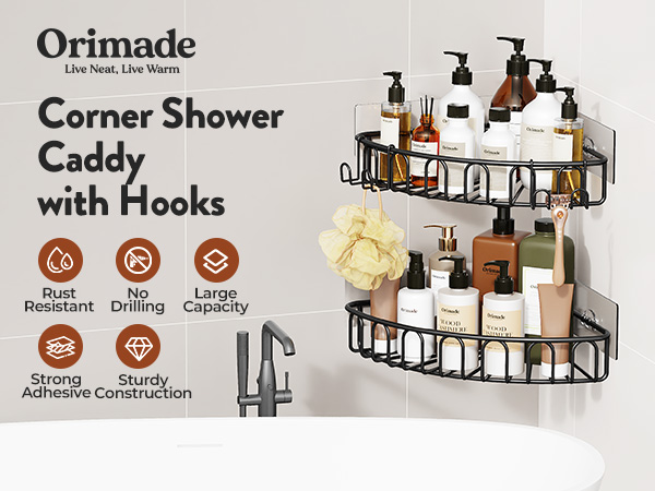 Orimade Corner Shower Caddy Stainless Steel with Hooks Wall Mounted Bathroom Shelf Storage Organizer