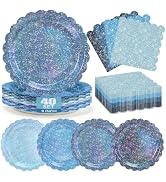 CENLBJ 80Pcs Blue Iridescent Paper Plates and Napkins Party Supplies Disposable Light Blue Hologr...
