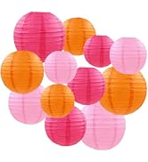 12pcs Hot Pink and Orange Paper Lanterns - Round Ceiling Hanging Paper Lampshades,for Birthday, B...