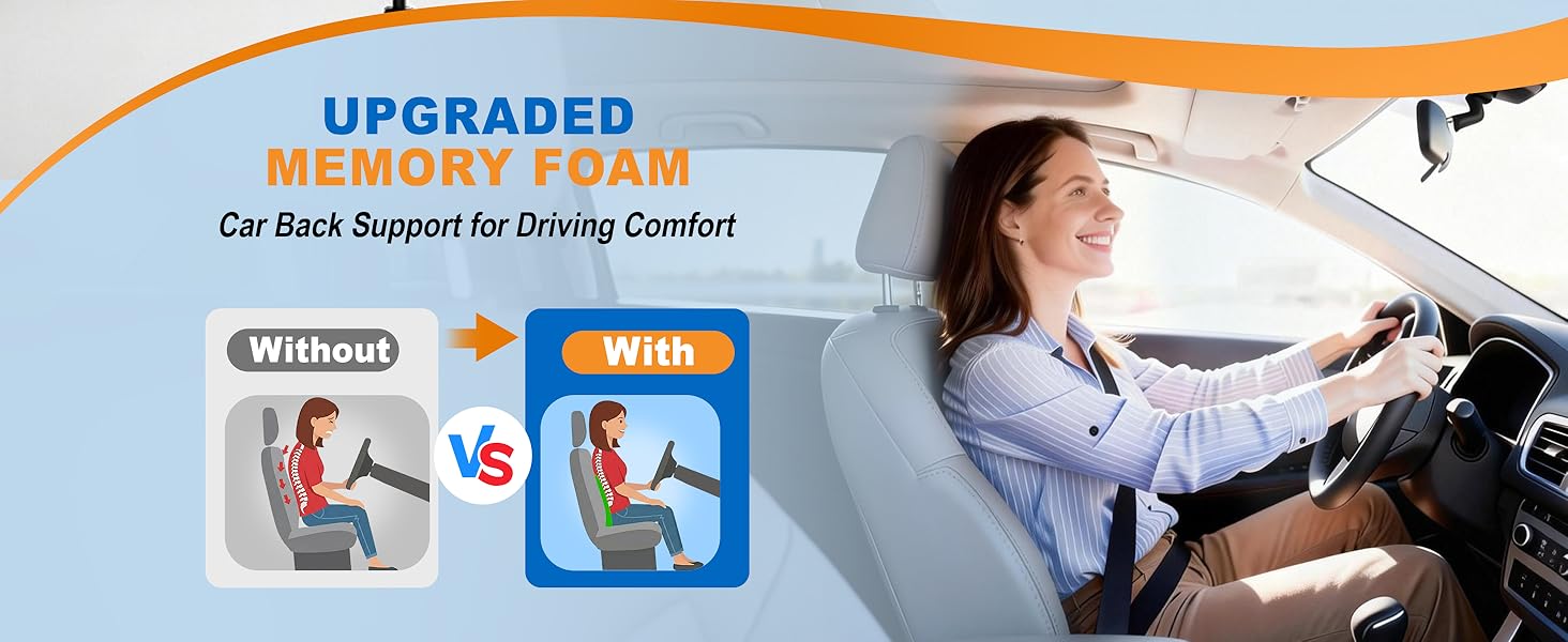 Upgraded memory foam car seat back support improves posture and relieves back pain while driving.