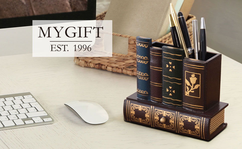 Desk Organizer Caddy, Pencil and Pen Holder with Bottom Storage Drawer,Antique Library Books Design