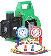 PB Motor Tech 4.5 CFM Vacuum Pump with Brass Manifold Gauge Set with 4FT Three-Color Hoses and 2 ...
