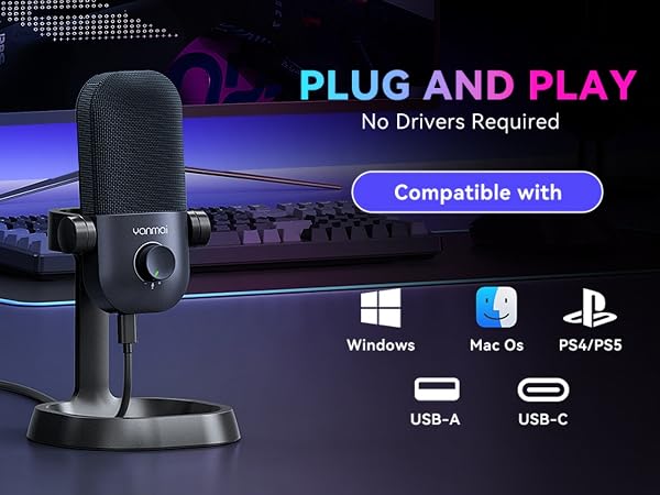 USB microphone compatible with Windows, Mac, PS4, PS5 for gaming, streaming, recording and meetings