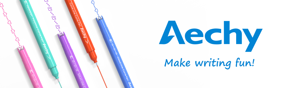 Text reads 'Aechy' with tagline 'Make writing fun!'. Display of colorful gel pens arranged horizontally, including pink, green, orange and blue colors.