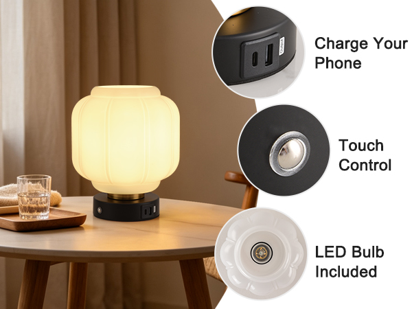Rechargeable Table Lamp Cordless Milk Glass Bedside Lamp Small white and black