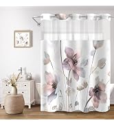 CTOTSYC No Hook Shower Curtain and Liner Set, Pink Boho Floral Shower Curtains for Bathroom, Wate...
