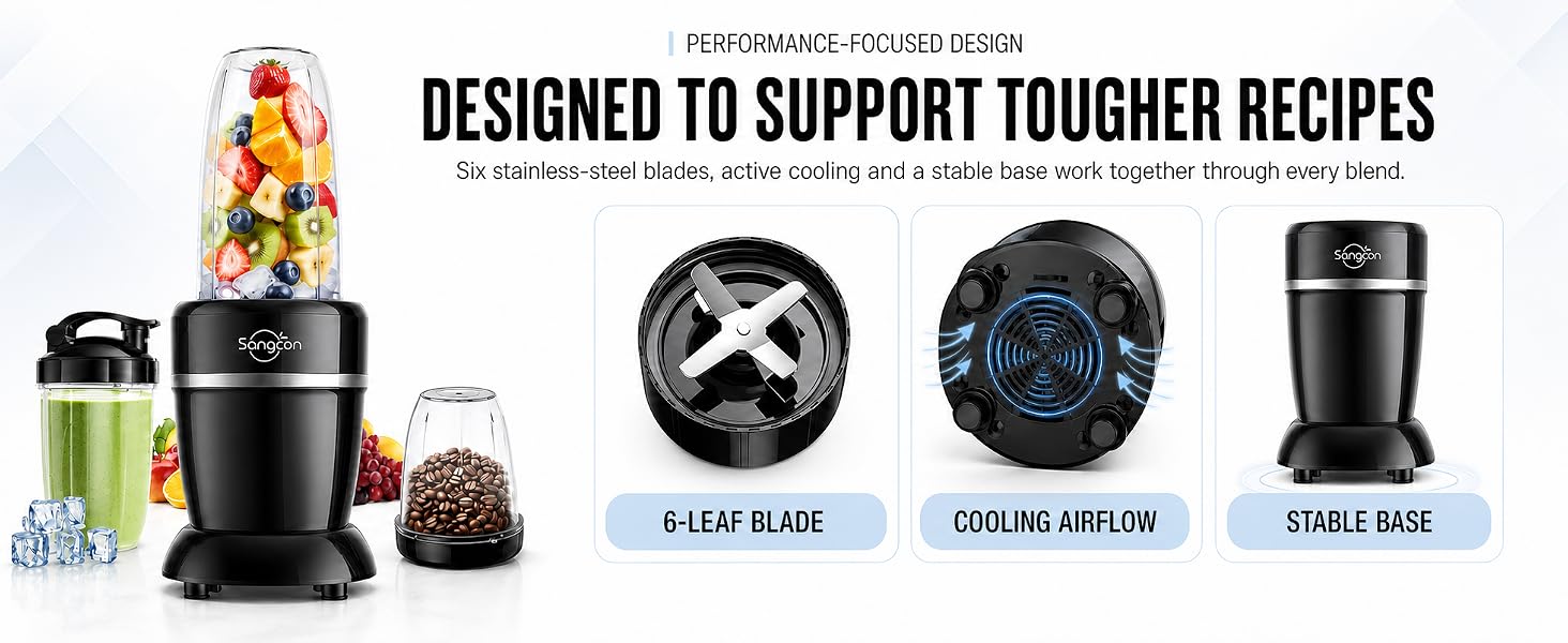 Sangcon blender combines a six-leaf blade, cooling airflow and stable base for tougher recipes.