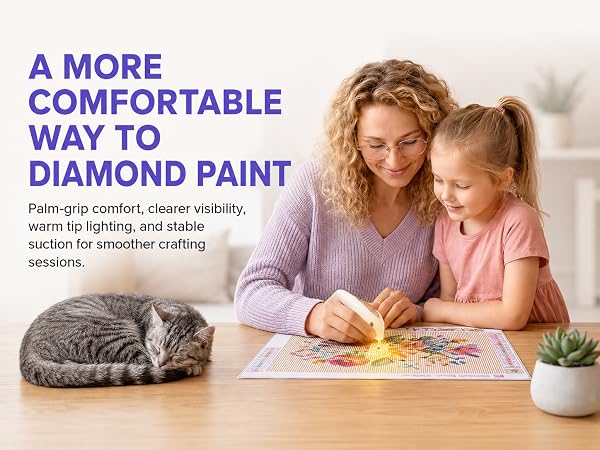Adult using Ulverion electric diamond painting pen with warm light on diamond art canvas.