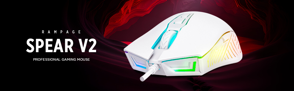 Rampage Spear V2 white RGB wired gaming mouse with ergonomic shape and side buttons