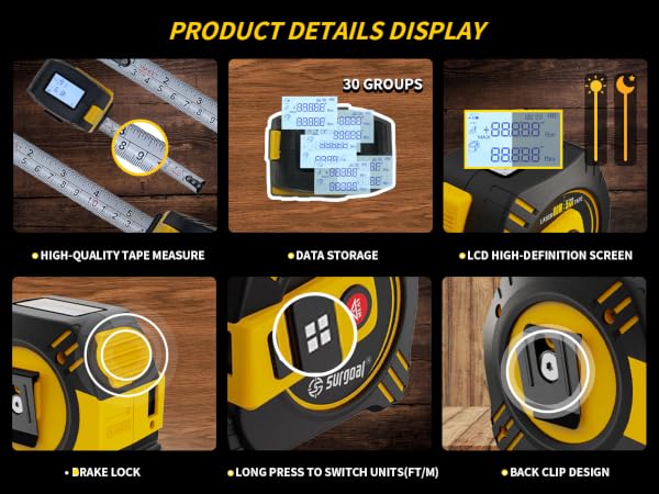 Laser measure, LCD screen. Accurate distance, auto calculation, unit switch. Compact, portable, easy