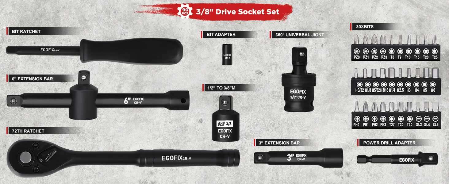 3/8 impact socket set 90 PCS size