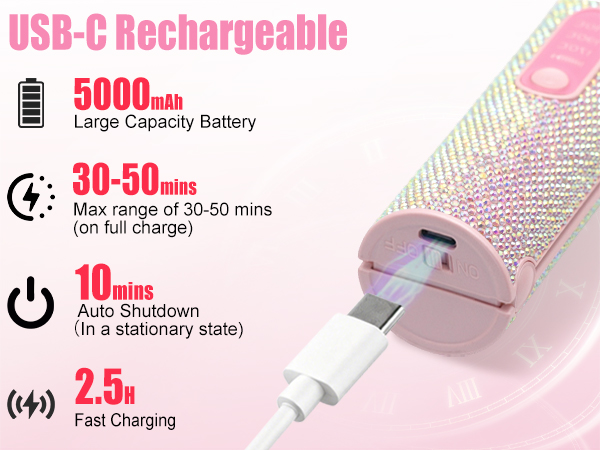 Text reads: 'USB-C Rechargeable', '5000mAh Large Capacity Battery', '30-50mins brewing time', '2.5h charging time'. Product specification diagram with icons showing battery and timing features.