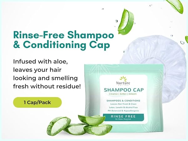 infused with aloe vera, leaves hair smelling fresh, no rinse shampoo cap