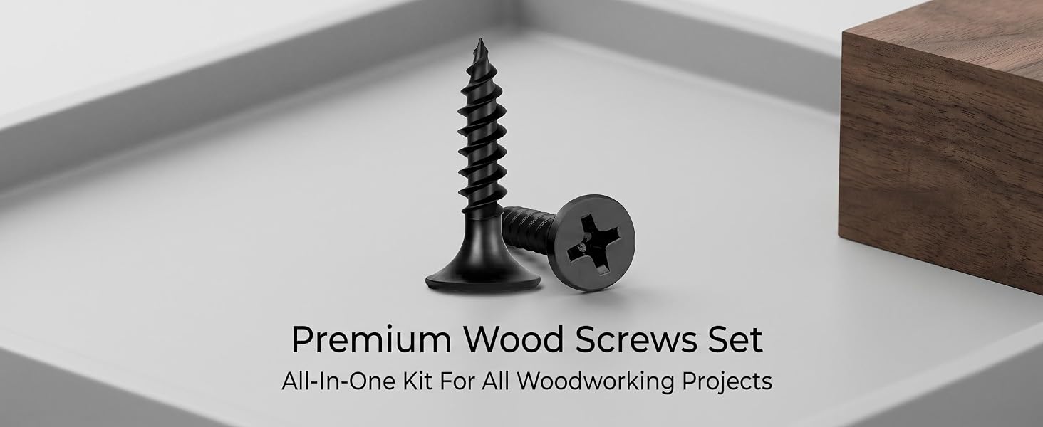 Wood screw set with bit, flat head for flush DIY.