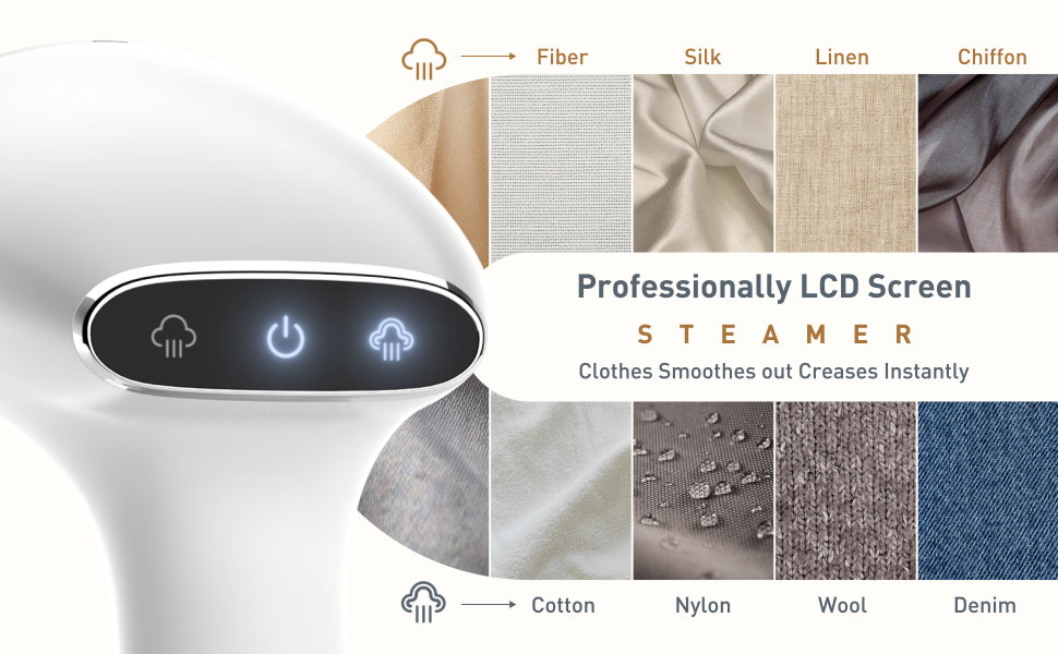 Handheld garment steamer with LCD screen, showing effectiveness on various fabric types. Device has steam, power, and fabric selection buttons visible.