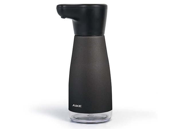 Modern soap dispenser in matte black and gray finish with clear bottom container and angled pump head design.