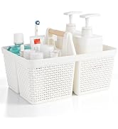 UUJOLY Portable Plastic Shower Caddy Basket with Wooden Handle, White | Divided Storage Organizer...