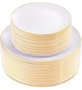 KIRE 100PCS Disposable Plates - White with Gold Rim for Thanksgiving Party/Wedding - Includes 50P...