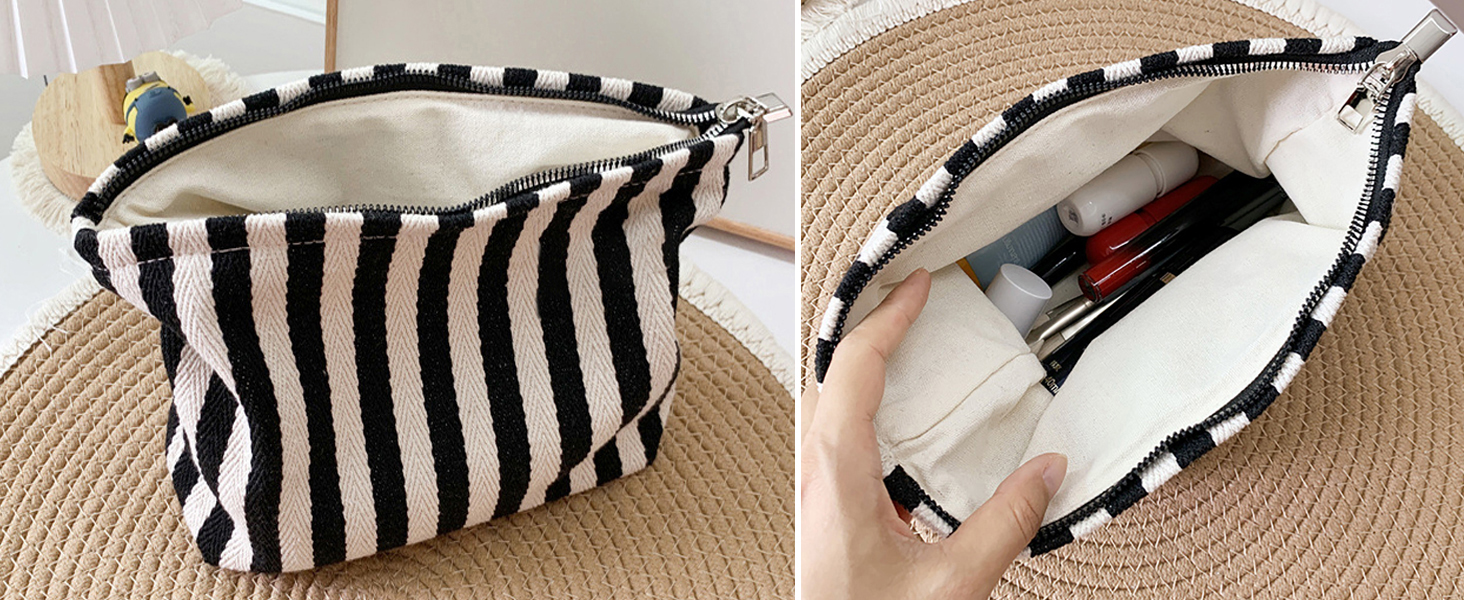 vintage black white stripe makeup bag, striped woven thick fabric, canvas lined, large medium pouch