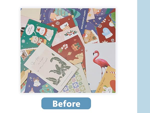 Before and after images of greeting cards. 'Before' shows various colorful designs. 'After' displays neatly stacked cards with a floral cover design.