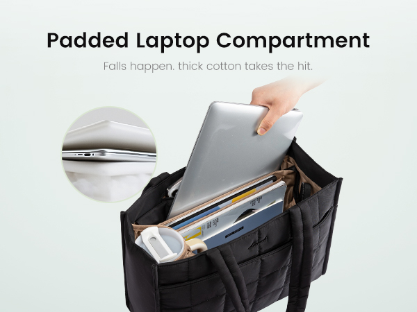 Thick padded laptop compartment protects your device from drops and bumps in this tote