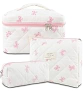 AMZMA Makeup Bag, 3 PCS Quilted Makeup Bag, Cute Floral Cotton Cosmetic Bag set, Coquette Makeup ...