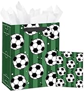 Loveinside Soccer Gift Bag for Kids Boys, Sports Theme Green Field Design with Soccer Balls, Medi...