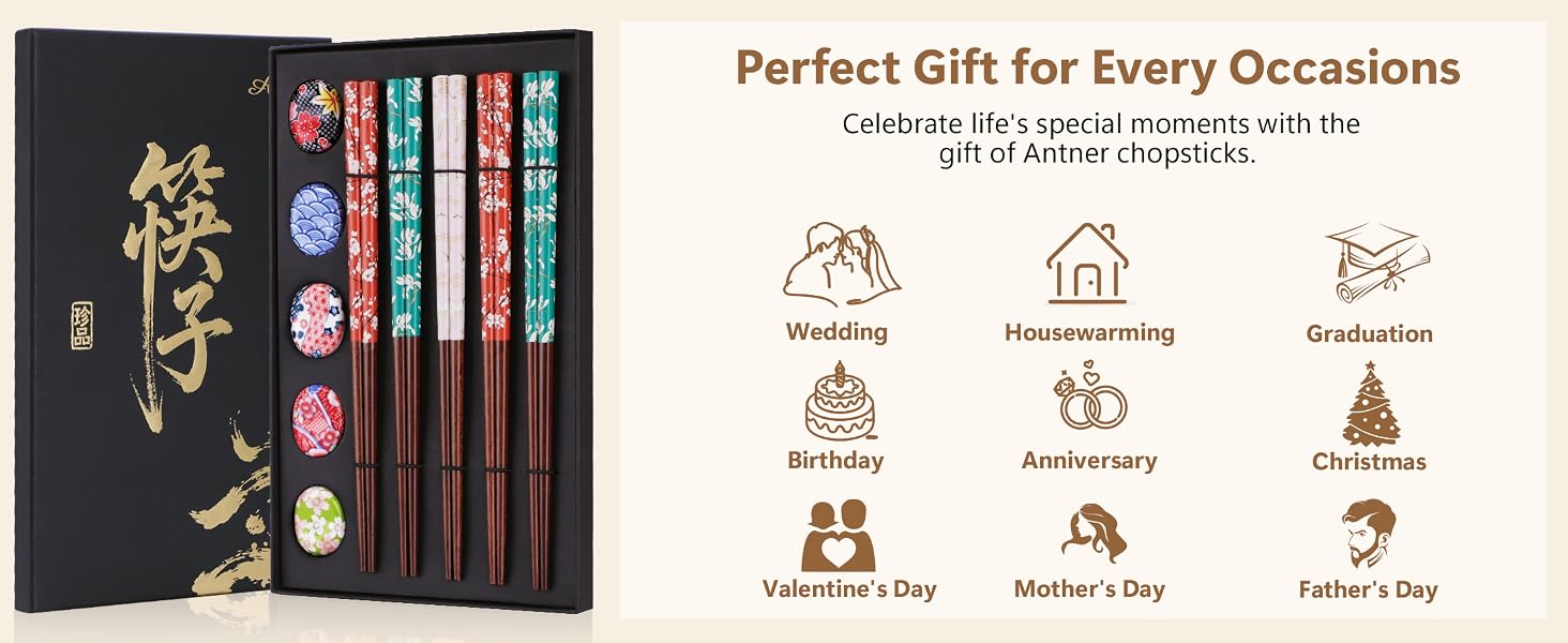 Reusable Wooden Chopsticks Set with Ceramic Chopstick Rests