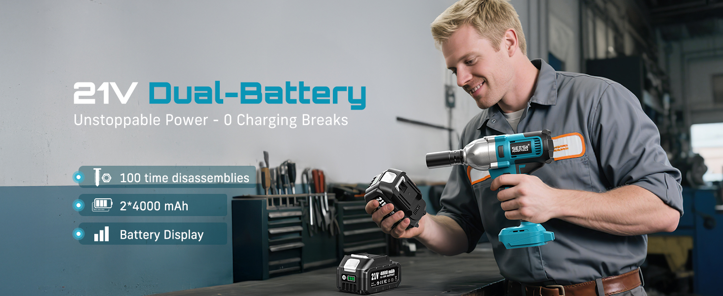 21V 2*4000mAh batteries, display.. Unstoppable power – no charging breaks.