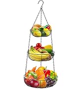 Home Intuition 3-Tier Hanging Fruit Produce Basket Heavy Duty Wire with 2 Metal Ceiling Hooks, Ro...