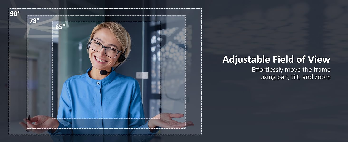 A businesswoman adjust the webcam's field of view using pan, tilt, and zoom