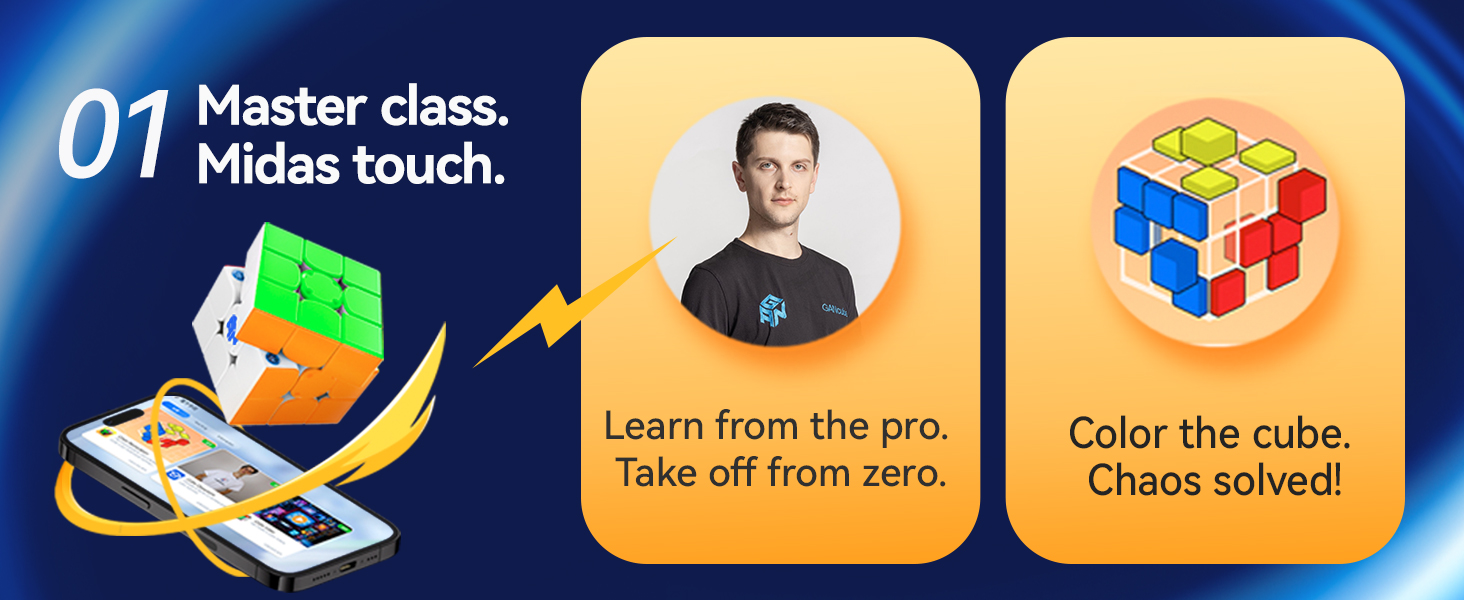Educational app advertisement featuring Rubik's cube imagery, a person's photo, and text promoting learning and problem-solving skills. Colorful design with blue background and yellow panels.