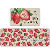Tailus Spring Summer Strawberry Kitchen Rugs Set of 2, Berry Sweet Fruit Bee Kitchen Mats Decor, ...