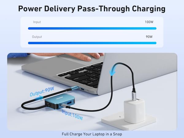 Text reads 'Power Delivery Pass-Through Charging'. Technical diagram showing charging capabilities and connection options for electronic devices.