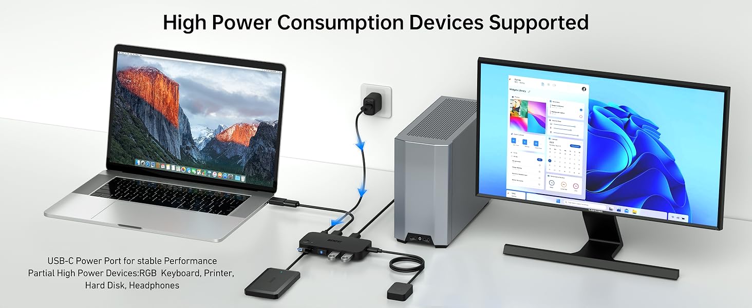 Desk setup with laptop, monitor, and USB hub supporting multiple high-power devices. Shows connectivity and power distribution capabilities.