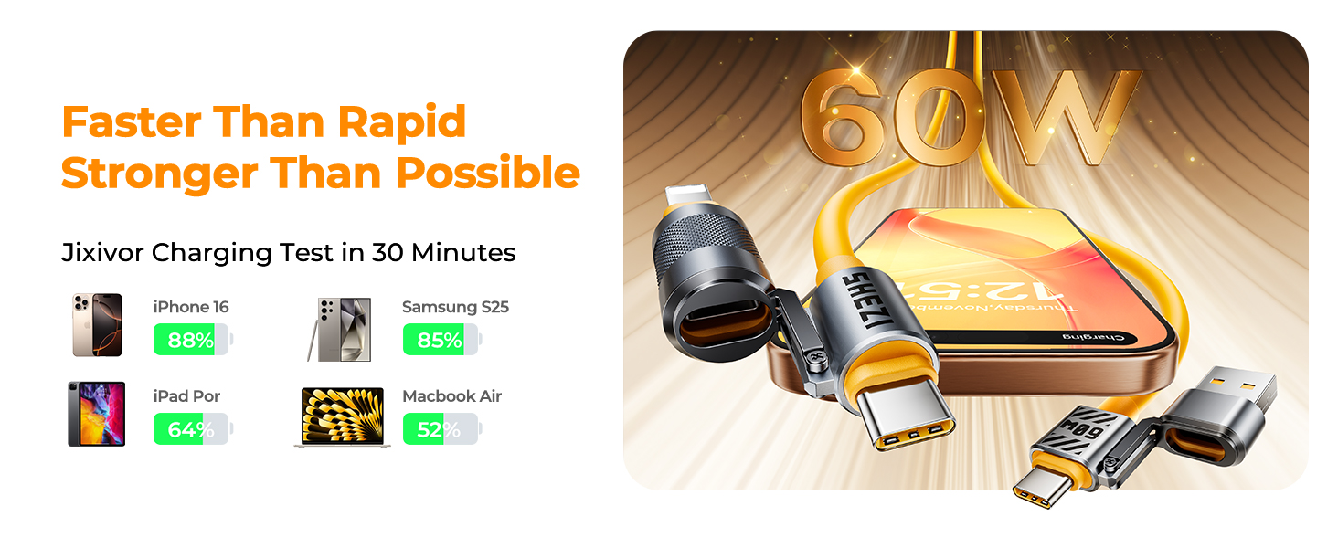 Silicone Multi Cords 4 in 1 USB C Cable Compatible with Lightning Cable 60W Fast Charge