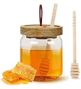 Loscarol Honey Pot with Dipper and Acacia Wooden Lid - 18 oz Sealed Glass Honey Jar with Wooden H...